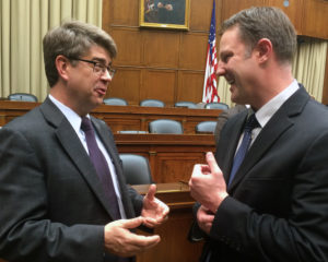 Nebraska U.S. Rep. Lee Terry (left) chats with UNeMed President and CEO Michael Dixon following a Commerce, Trade and Manufacturing Subcommittee hearing April 8, 2014. Dixon testified for the committee hearing which is chaired by Terry.