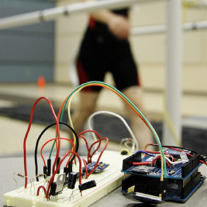 A look at the earliest version of a prototype developed by biomechanics researchers at the University of Nebraska at Omaha for detecting an exacerbation of chronic obstructive pulmonary disease. A POC grant from the Nebraska Research Initiative help create a wearable, advanced prototype that is expected to enter second clinical trial later this year.
