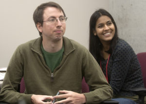 Grad students Richard Nelson and Simarjeet Negi look on during a session of UNeMed's first Technology Transfer Boot Camp, a week of immersive training sessions that dove into the commercialization of biomedical science.