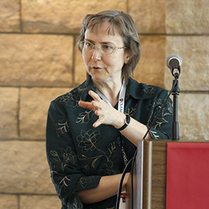 UNMC researcher Joyce Solheim, Ph.D., breaks down her nantechnology approach for using immunotherapy for treating cancer during UNeMed's 2016 Industry Partnering Summit held at UNMC's Michael F. Sorrell Center on May 10.