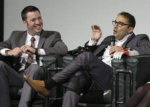  Panelists R. Gabe Linke (left) of Omaha's Children's Hospital and Medical Center and Jorge Zuniga (right) of UNO during the 3D-printing discussion Tuesday in the DRC auditorium.