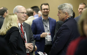 Karen Linder (far left) chats with UNMC and UNO Chancellor , Jeffrey Gold, M.D., and her husband, James Linder, M.D., the CEO at Nebraska Medicine, shortly before the 2018 Innovation Awards ceremony on Thursday, Oct. 25, 2018, at the Stanley Truhlsen Events Center at UNMC.