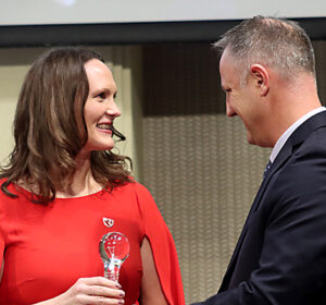 UNeMed President and CEO Michael Dixon, PhD, (right) presents UNMC researcher Rebekah Gundry,PhD, with the 2023 Emerging Inventor award during the Innovation Awards ceremony on Thursday, Nov. 2, 2023