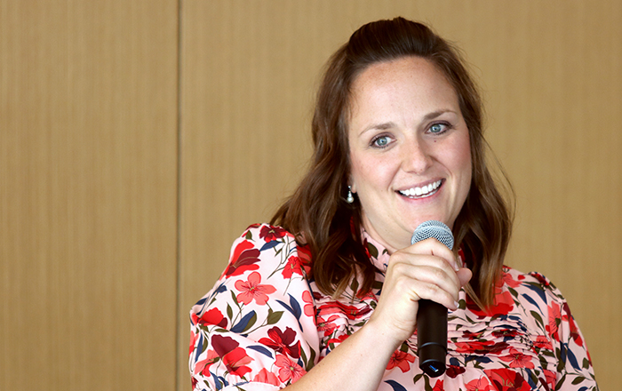 UNMC nursing professor Breanna Hetland, PhD, RN, presents her innovative startup company, FamilyRoom, during UNeMed's Idea Pub: Morning Edition at Omaha Catalyst on Aug. 28, 2025. Dr. Hetland was also named UNeMed's inaugural Faculty Entrepreneur award winner at the 2024 Innovation Awards.