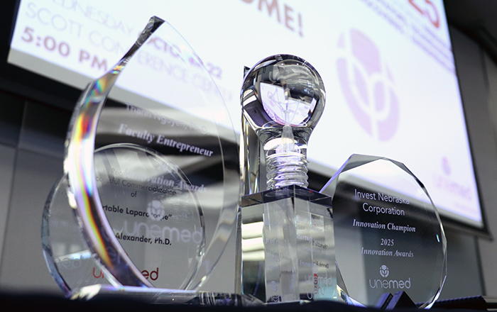 On display are special awards that were presented during UNeMed's 2025 Innovation Awards.