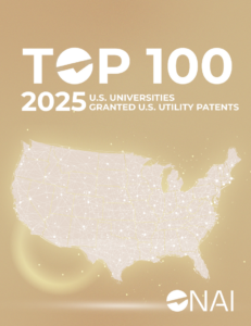 The cover page of the National Academy of Inventors' 2025 list of top 100 American institutions to secure a U.S. Patent. 