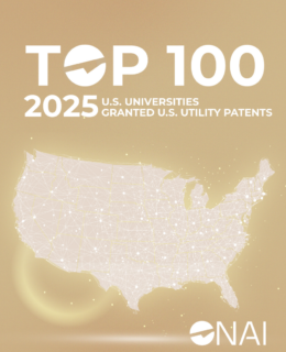 The cover page of the National Academy of Inventors' 2025 list of top 100 American institutions to secure a U.S. Patent.