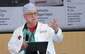 Ed O'Leary, MD, an interventional cardiologist and CEO of Aprendo Cardiovascular Solutions, discusses his innovative approach to training better cardiologists during his presentation at the April 30, 2026, installment of Idea Pub: Morning Edition in the Forge Event Hall at Catalyst Omaha in the Edge District.